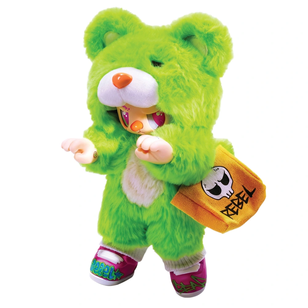 Rebel Bear Moveable Bag Series Blind Box featuring a green bear character with a matching mini bag accessory.