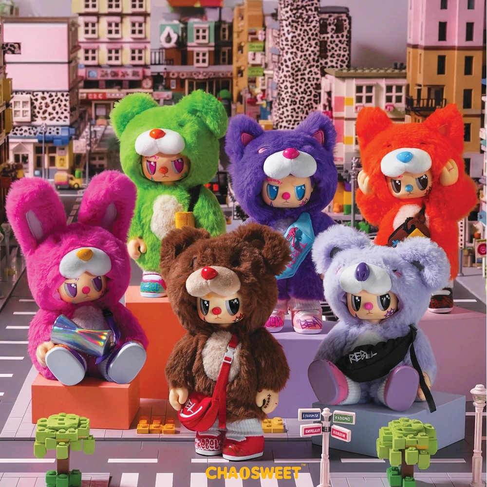 Rebel Bear Moveable Bag Series Blind Box featuring six colorful bear characters with matching outfits and accessories.