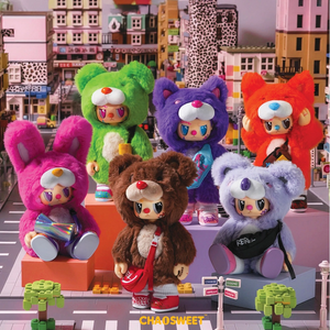 Rebel Bear Moveable Bag Series Blind Box featuring six colorful bear characters with matching outfits and accessories.