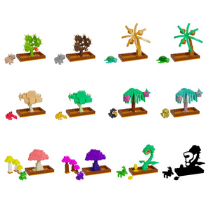 Collection of small toy trees and animals on a white background