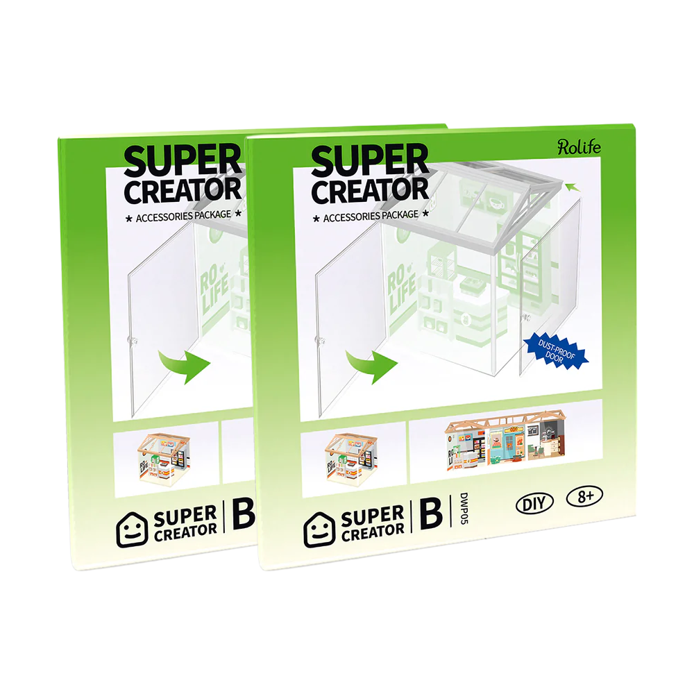 Rolife Dust-Proof Door B DIY Miniature House - Twin Pack packaging shown for craft enthusiasts.