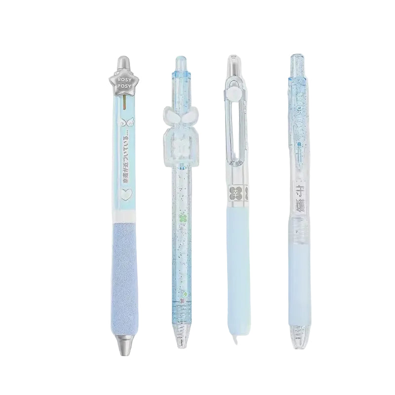Set of four light blue pens with decorative elements on a white background