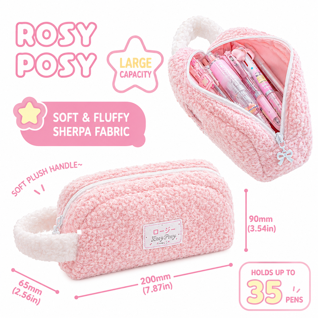 RosyPosy Soft Plush Large-Capacity Pencil Case with Handle, image 8