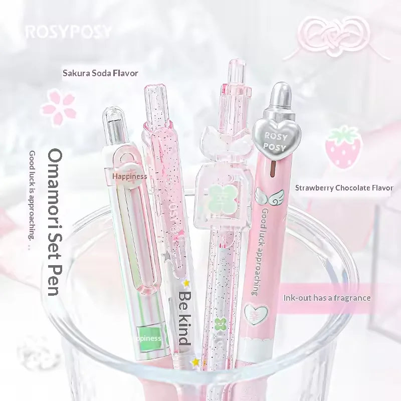 RosyPosy “Omamori ” Collection Scented Pen 0.5mm  4Pcs in a glass showcasing floral fragrances and cute designs.