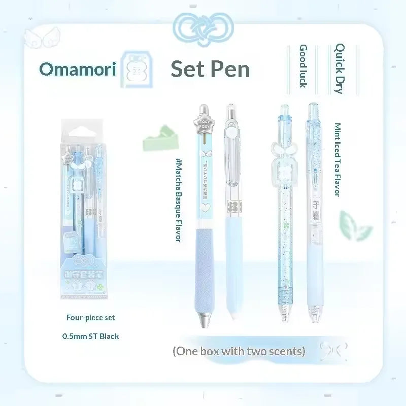 RosyPosy “Omamori ” Collection Scented Pen 0.5mm  4Pcs displayed with different scents and features.