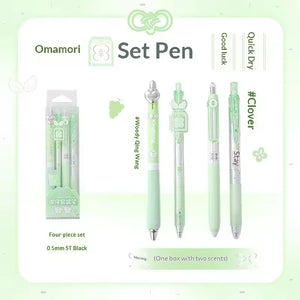 RosyPosy “Omamori ” Collection Scented Pen 0.5mm  4Pcs displayed with a green theme and packaging.