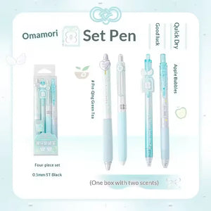 RosyPosy “Omamori ” Collection Scented Pen 0.5mm  4Pcs displayed with packaging and scents.