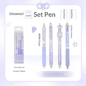RosyPosy “Omamori ” Collection Scented Pen 0.5mm  4Pcs displayed with packaging and pens in various designs.