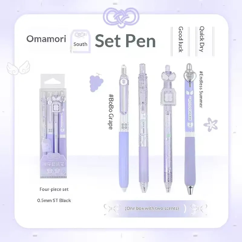 RosyPosy “Omamori ” Collection Scented Pen 0.5mm  4Pcs displayed with packaging and pens in various designs.