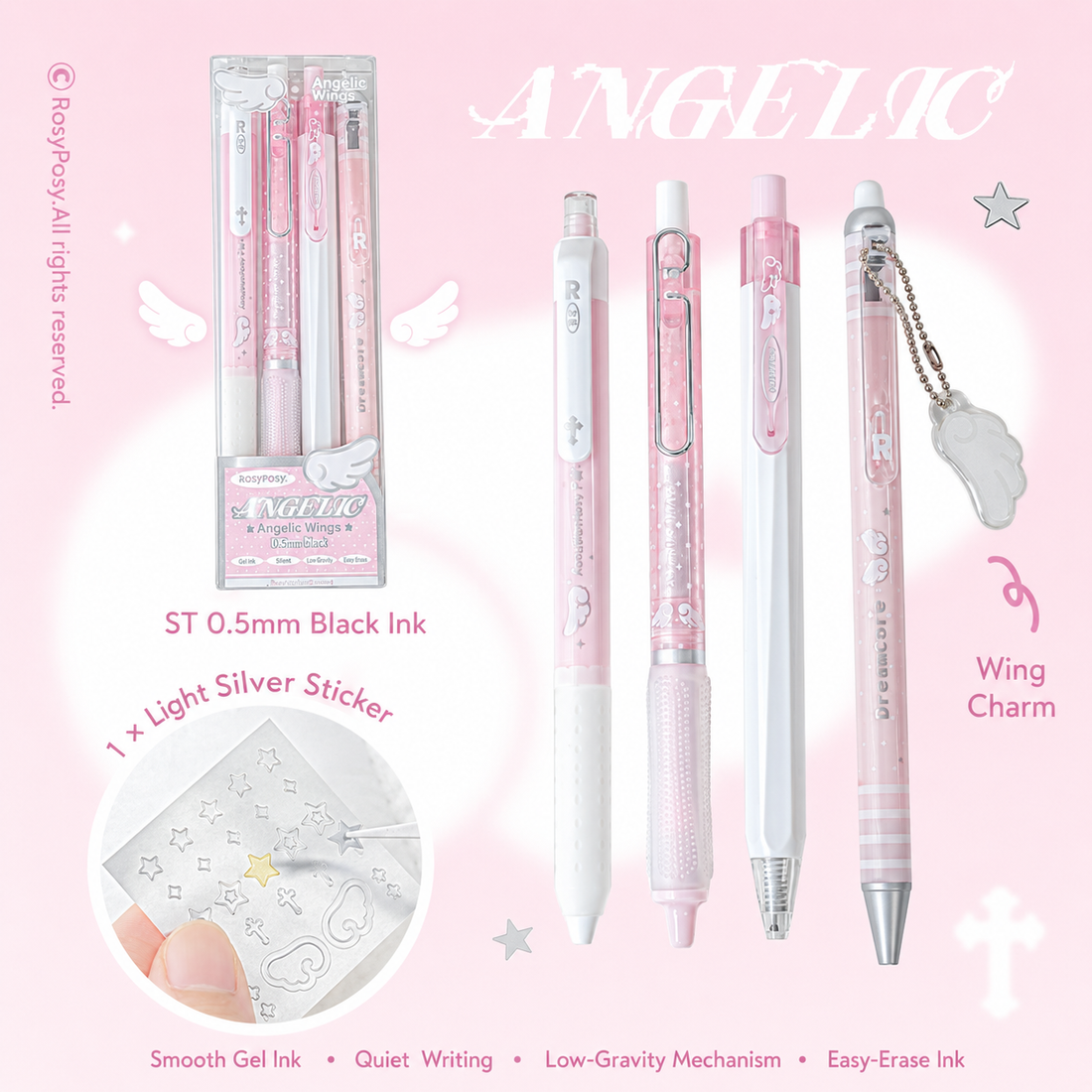 Rosyposy Angelic Wings Black Ink 0.5mm Gel Pen Set 4 Pack, image 4