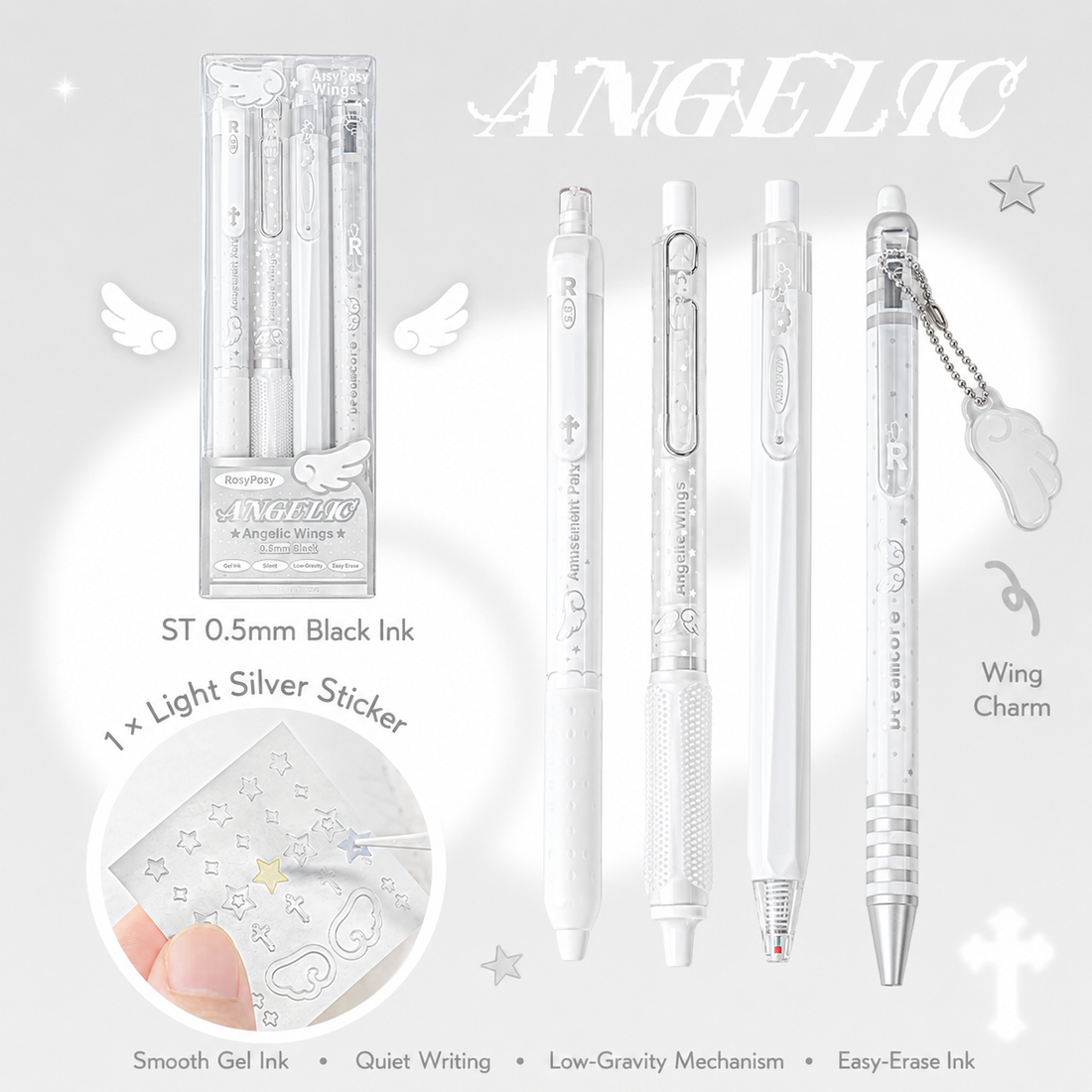 Rosyposy Angelic Wings Black Ink 0.5mm Gel Pen Set 4 Pack, image 3