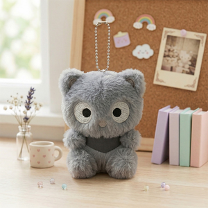 Sanrio Chococat Monochrome Plush Mascot Keychain Charm on a desk with pastel books and decor.