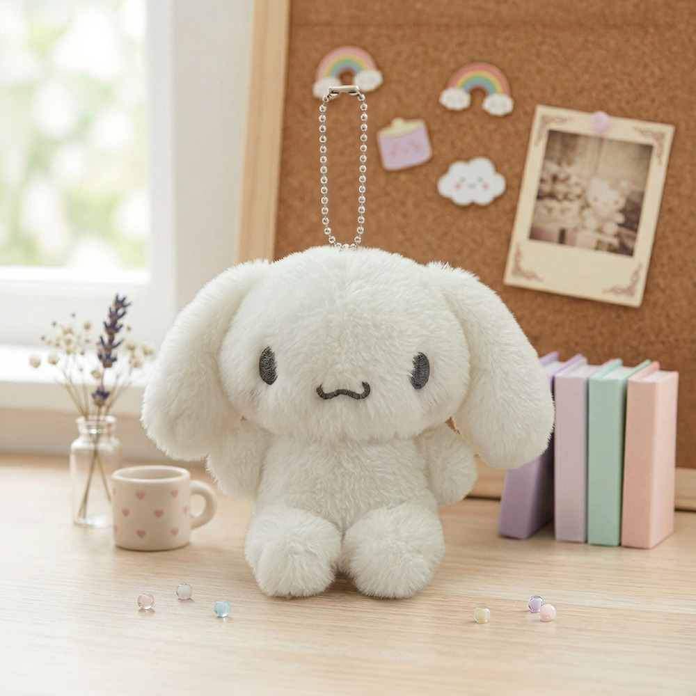 Sanrio Cinnamoroll Monochrome Plush Mascot Keychain Charm on a wooden table with decorative items.