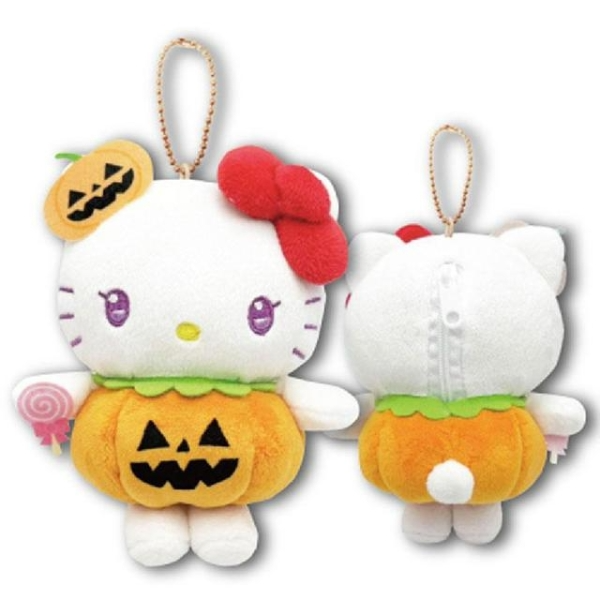 Hello Kitty plush toy in Halloween pumpkin costume with front and back views on a white background