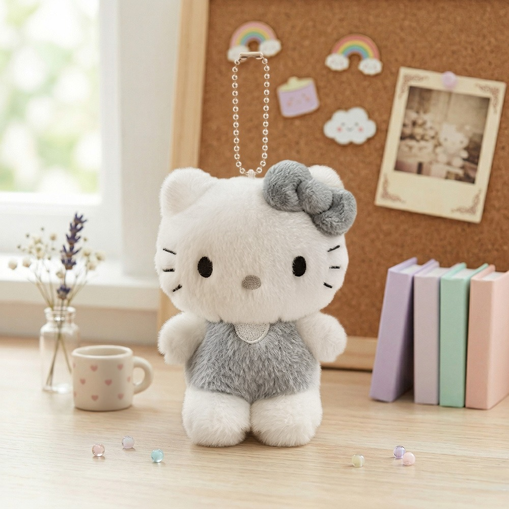 Sanrio Hello Kitty Monochrome Plush Mascot Keychain Charm on a desk with books and decorations.
