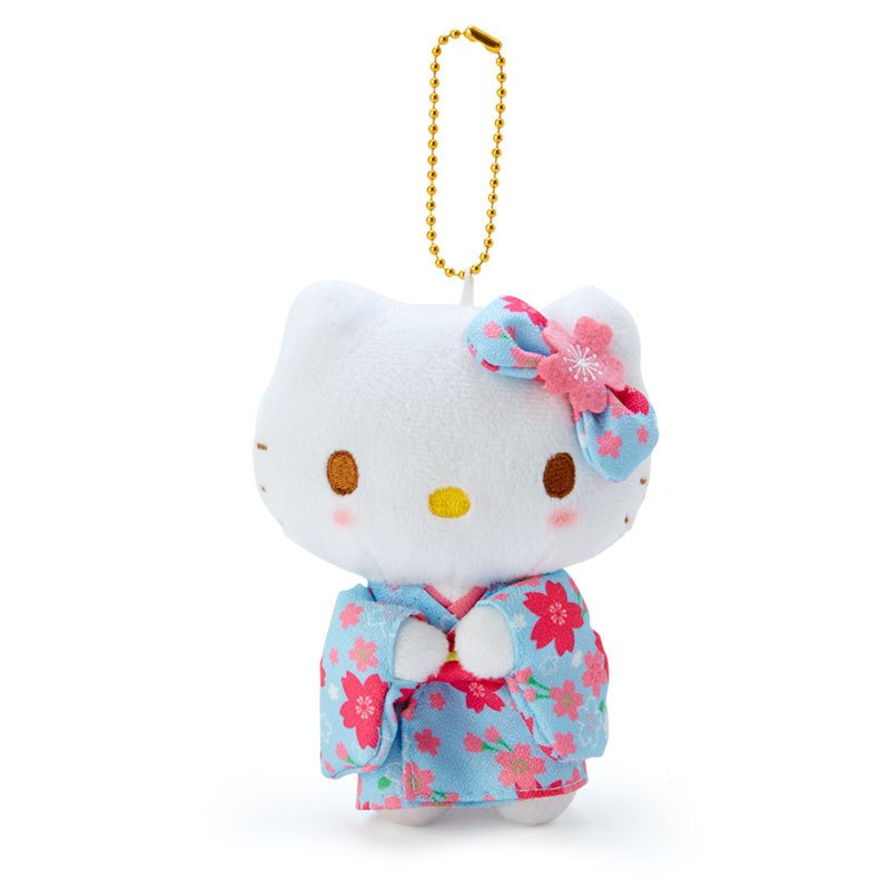 Sanrio Hello Kitty Plush Mascot Holder Light Blue Sakura Kimono