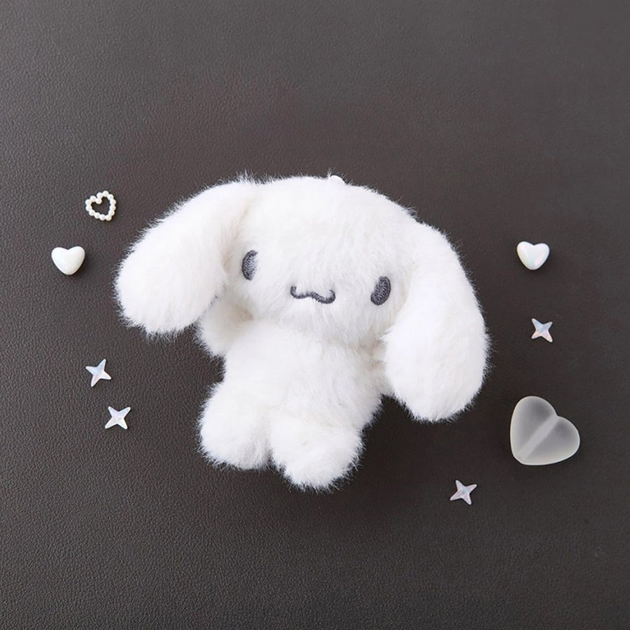 Sanrio Cinnamoroll Monochrome Plush Mascot Keychain Charm with fluffy texture and cute design.