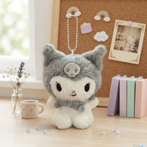 Sanrio Kuromi Monochrome Plush Mascot Keychain Charm in grey, soft plush with a skull design, perfect for kawaii fans.