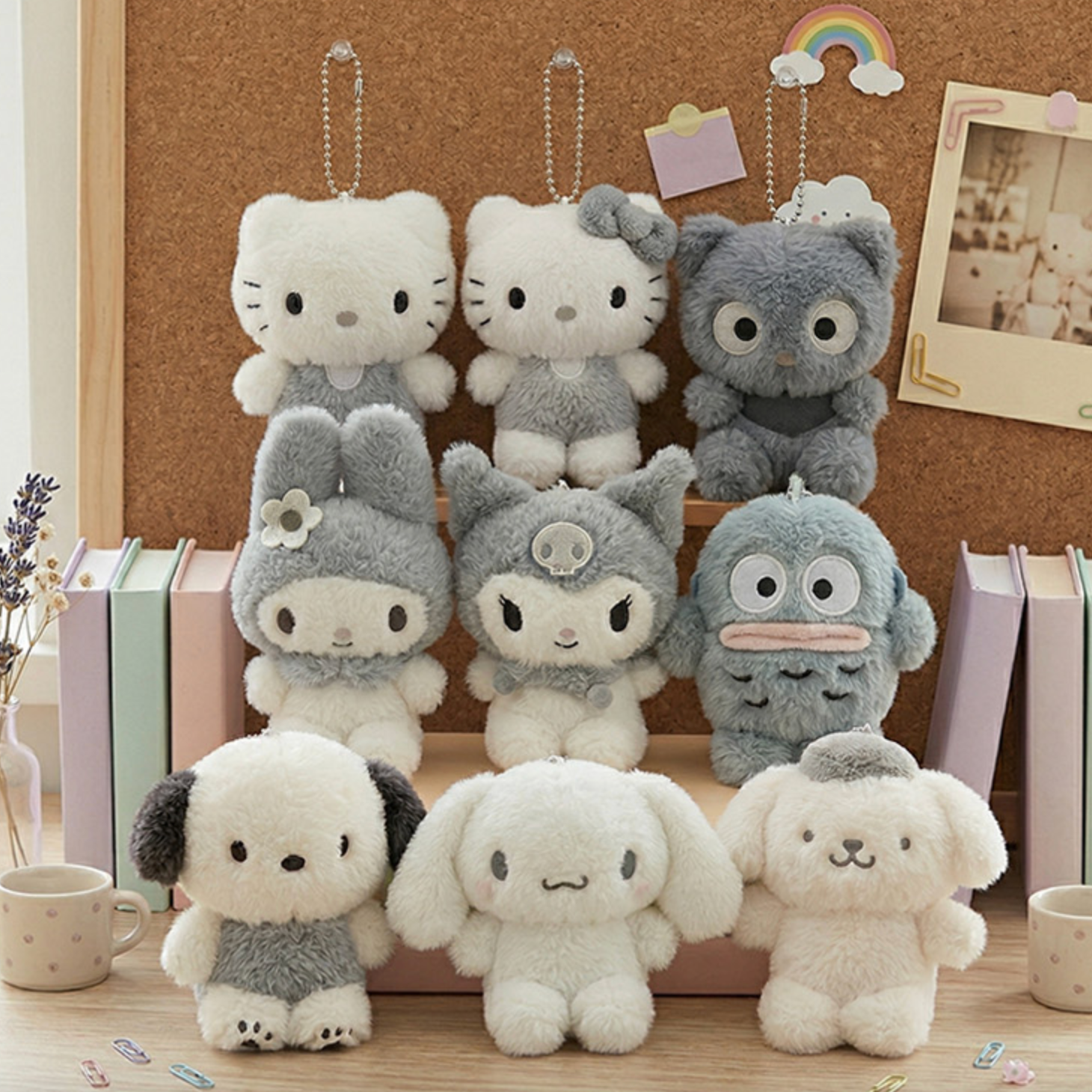 Sanrio Hello Kitty Monochrome Plush Mascot Keychain Charm collection featuring various adorable plush characters.