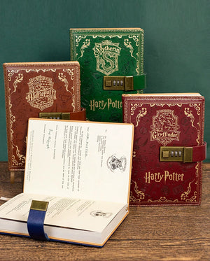 Set of Harry Potter-themed books with lockable covers on a wooden surface.