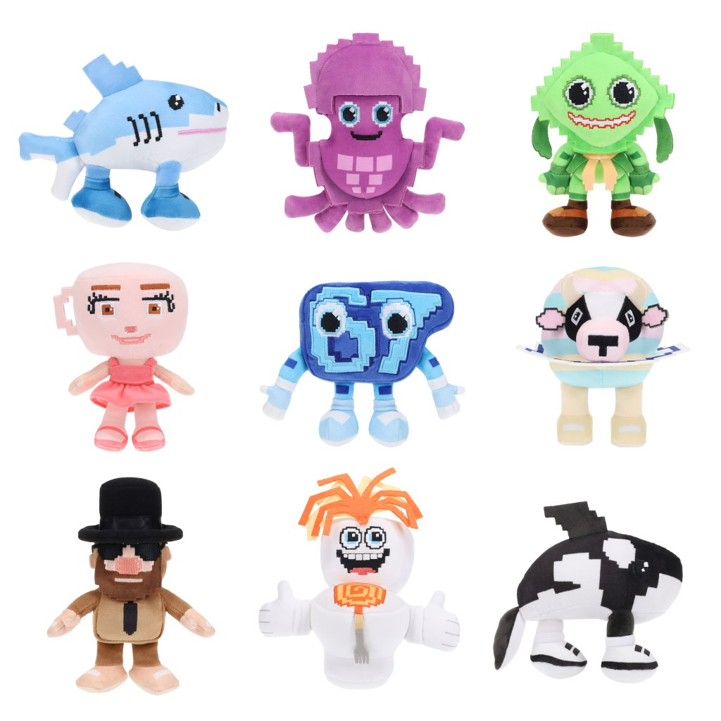 Steal A Brainrot Mystery Collectible Plush Blind Box characters including shark, octopus, and monster plush toys.