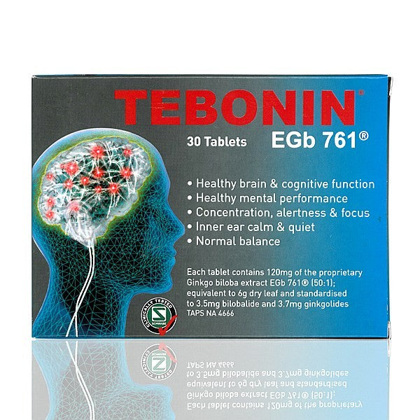 "Tebonin EGb 761 Brain Health Ginkgo" - A scientifically-proven supplement with Ginkgo biloba extract, supporting cognitive function and brain health.