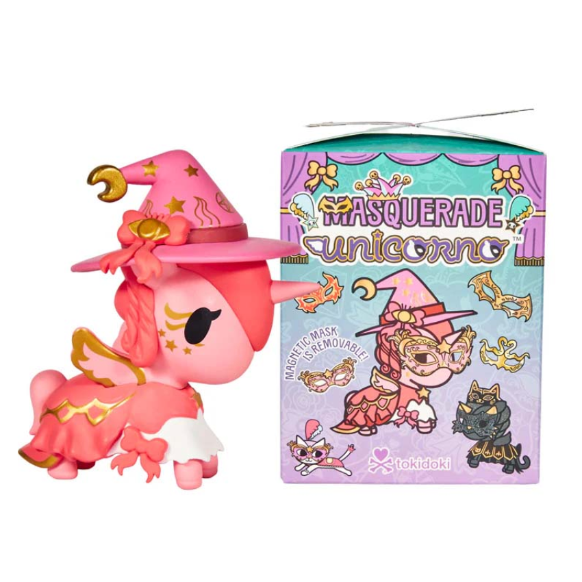 Tokidoki Unicorno After Dark Masquerade Blind Box featuring a pink unicorn with a hat next to the box design.