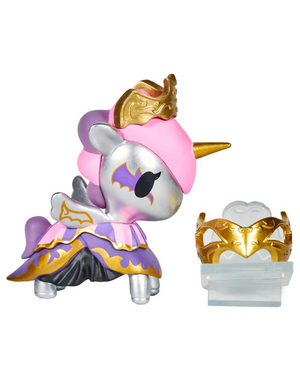 Tokidoki Unicorno After Dark Masquerade Blind Box character in purple and gold attire with a crown and mask