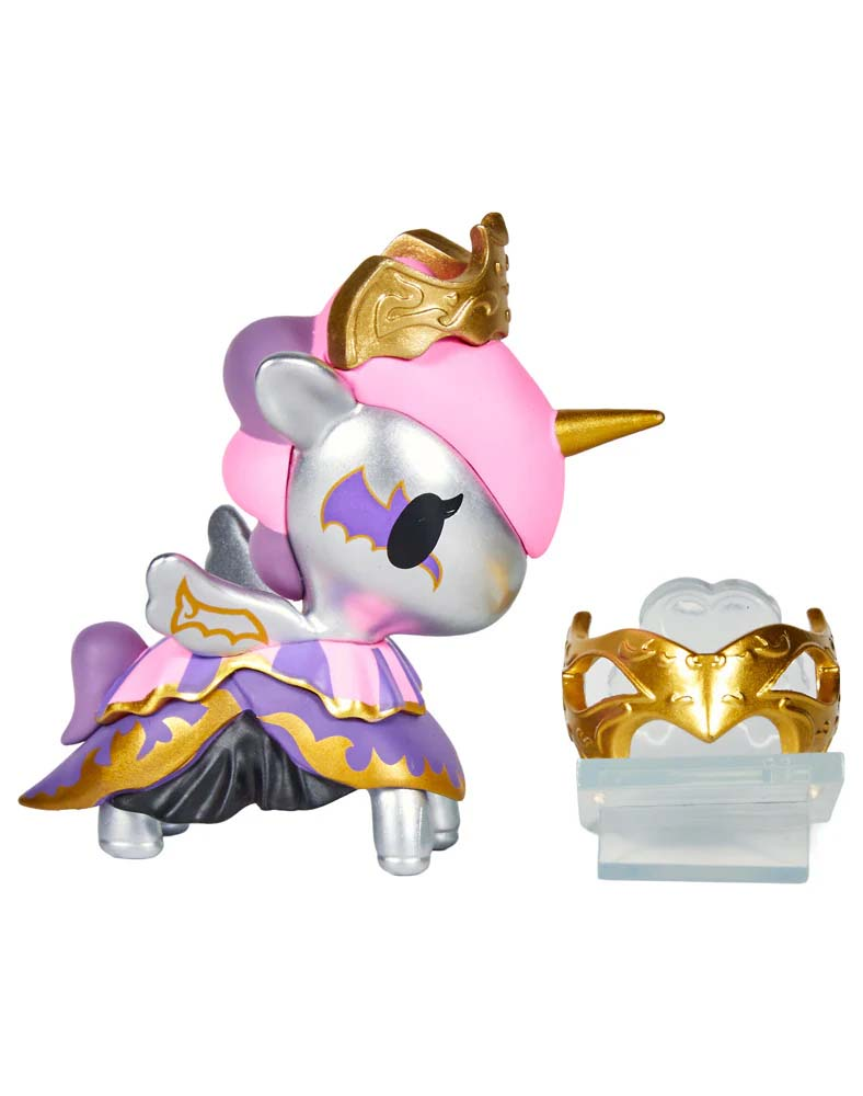 Tokidoki Unicorno After Dark Masquerade Blind Box character in purple and gold attire with a crown and mask