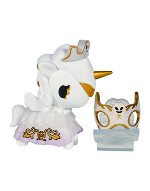 Tokidoki Unicorno After Dark Masquerade Blind Box character wearing a glamorous dress and fancy mask.