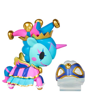 Tokidoki Unicorno After Dark Masquerade Blind Box figure with blue and pink design and detachable mask.