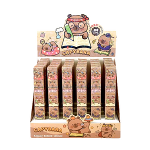 Display of capybara-themed products with cartoon characters on a white background