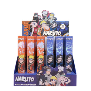 Display of Naruto-themed products with character illustrations on colorful boxes.