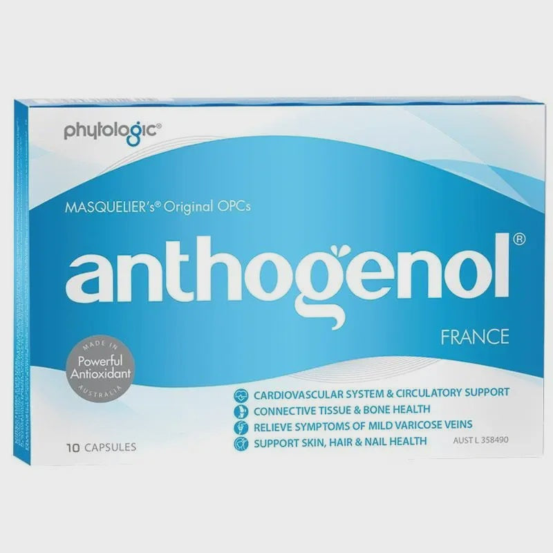 Anthogenol with MASQUELIER’s ® Original OPCs 10 Capsules packaging with antioxidant benefits for skin and health.