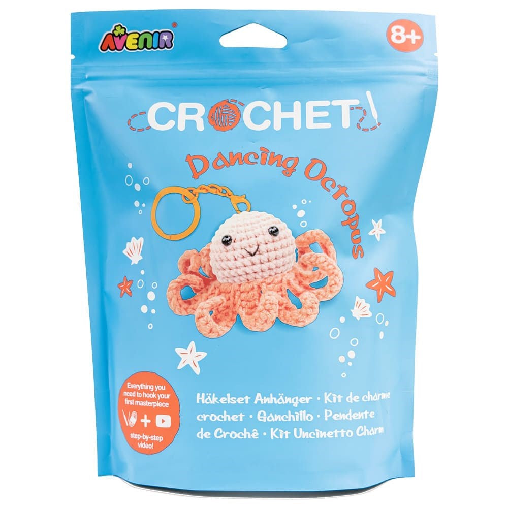 Crochet kit packaging for a dancing octopus with Avenir branding on a blue background.