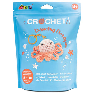 Crochet kit packaging for a dancing octopus with Avenir branding on a blue background.