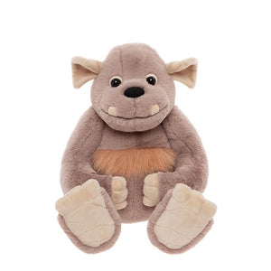 Plush toy resembling a bear with a brown body and beige paws on a white background