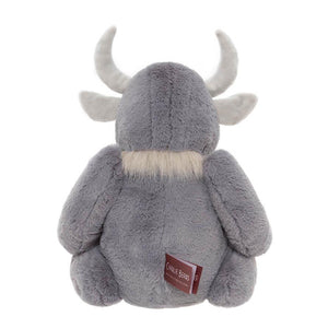 Plush toy moose with a visible brand label on a white background