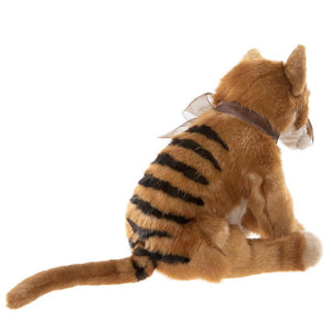Plush toy cat with striped pattern on a white background