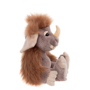 Plush toy elephant with brown hair on a white background