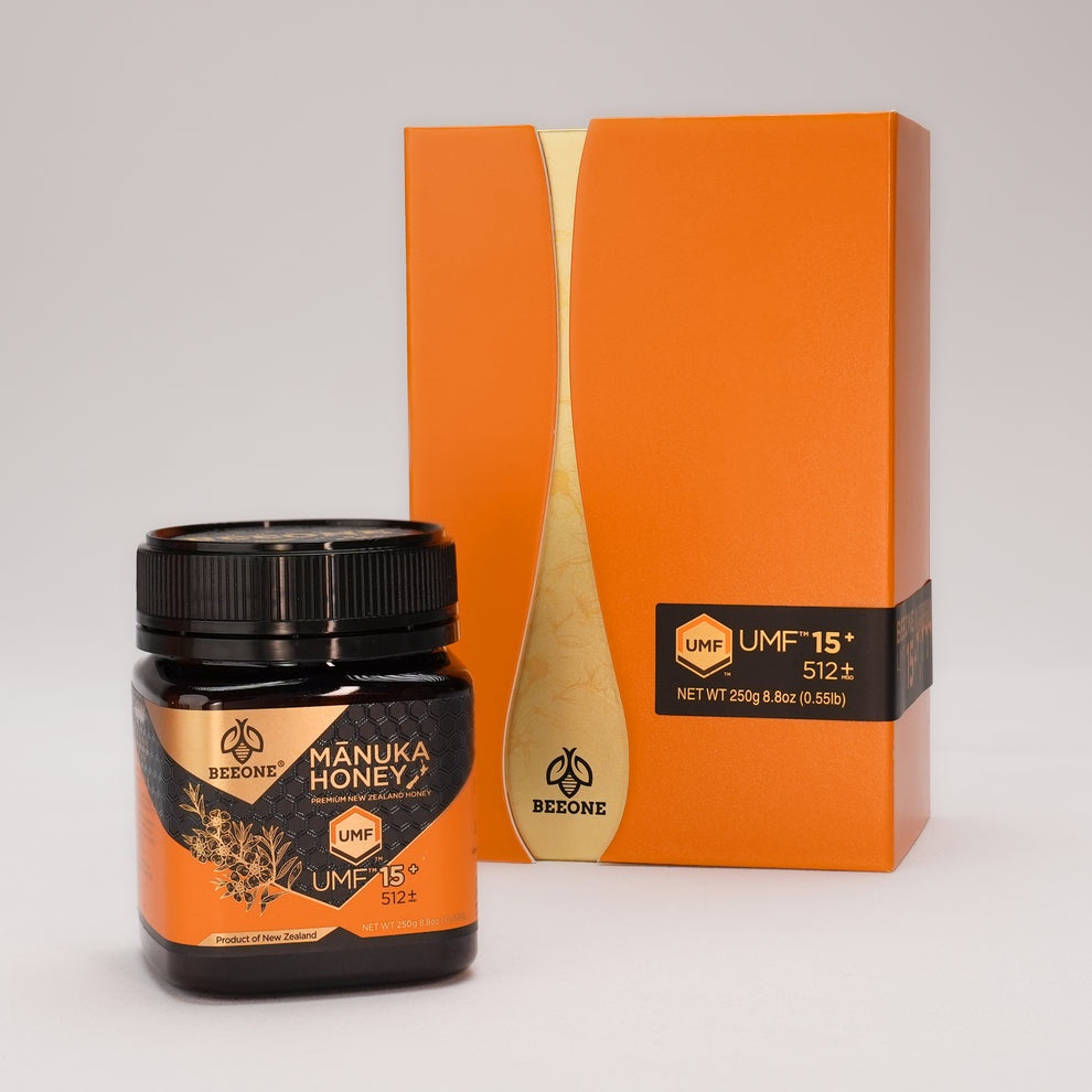Beezone Manuka Honey jar and packaging on a white background