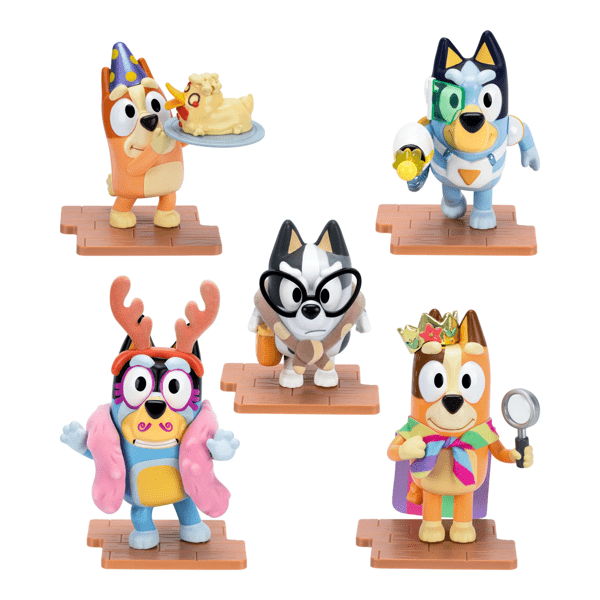 Set of five colorful cartoon character figurines on stands against a white background