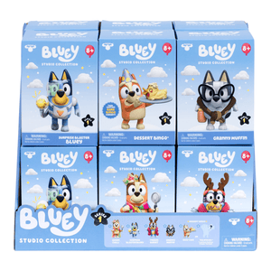 Display of Bluey toy figures in packaging with character illustrations on a white background