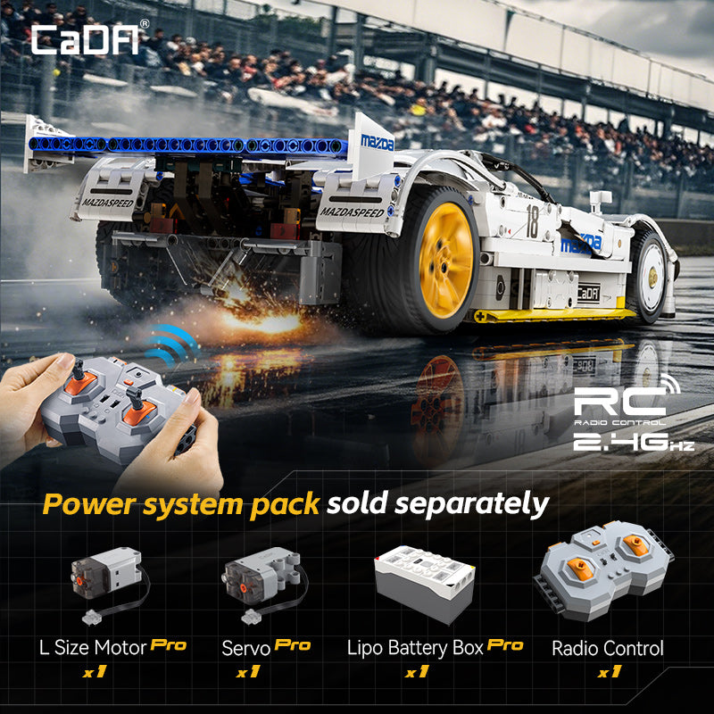 Model race car with remote control and power system pack components on a racetrack background.