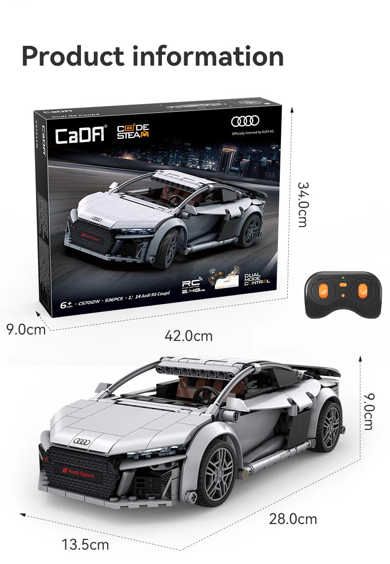 CaDA 1:14 Audi R8 Coupe Car Dual Control RC Brick Model Kits, image 3