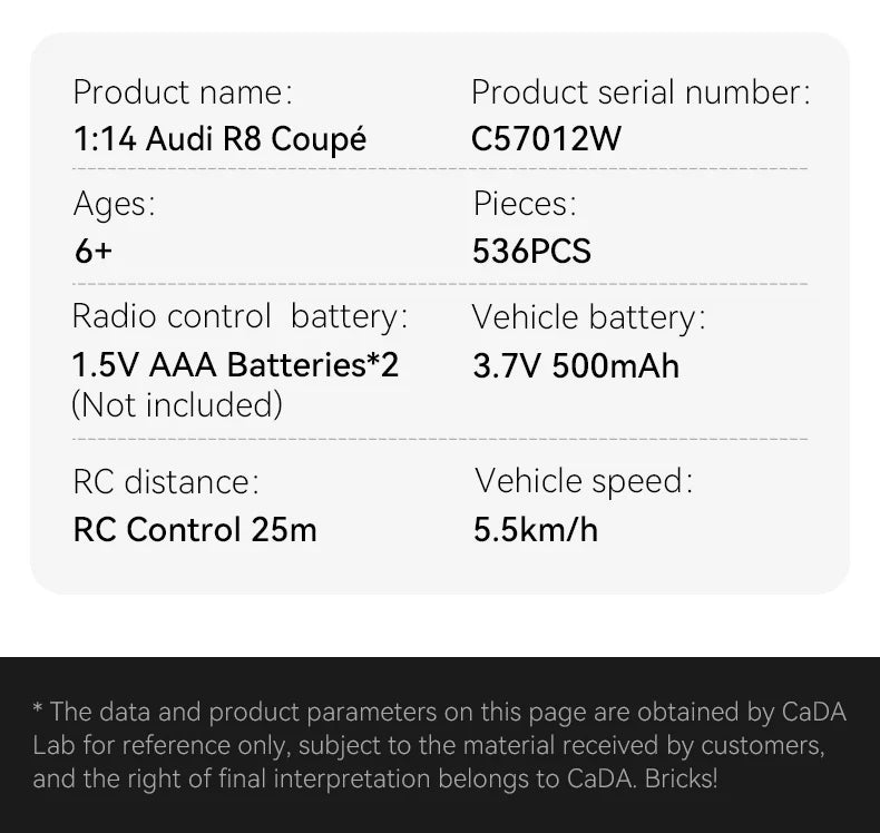 CaDA 1:14 Audi R8 Coupe Car Dual Control RC Brick Model Kits, image 9