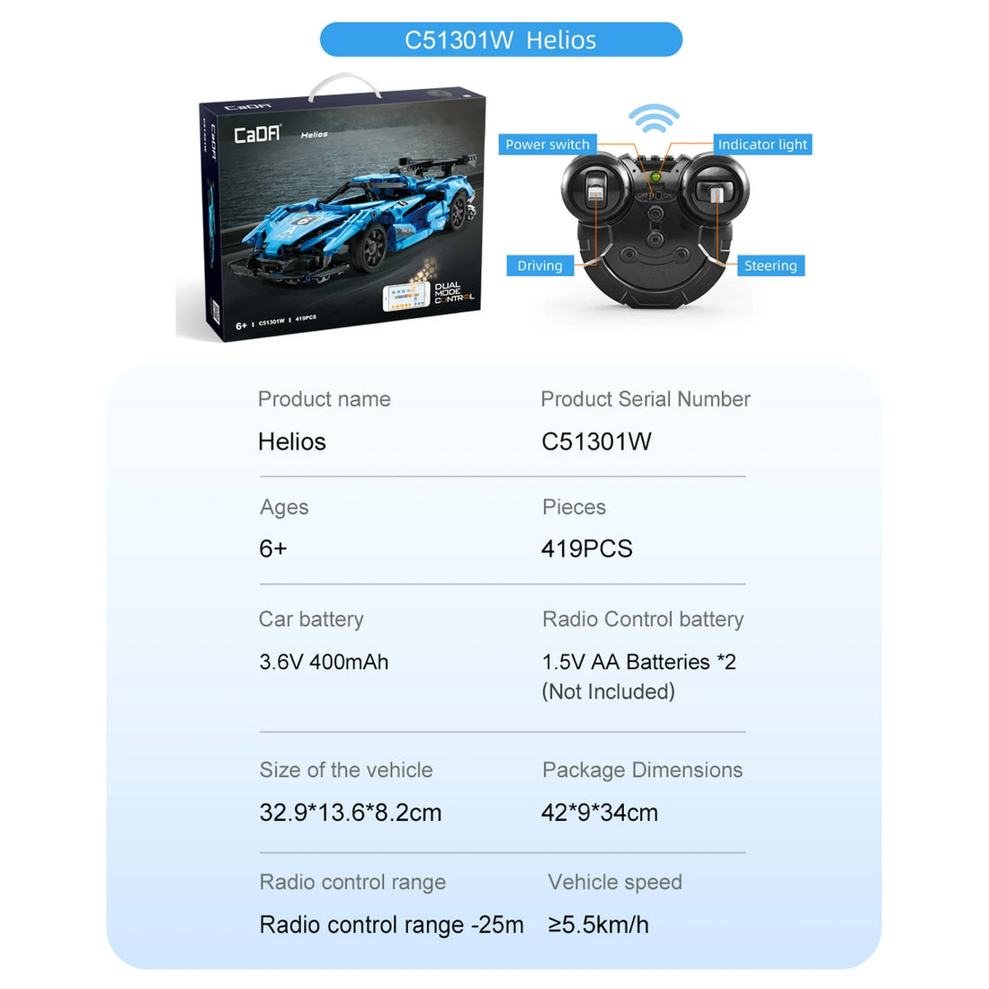 CaDA 1:14 Helios Sports Car Dual Control RC Brick Model Kits, image 6