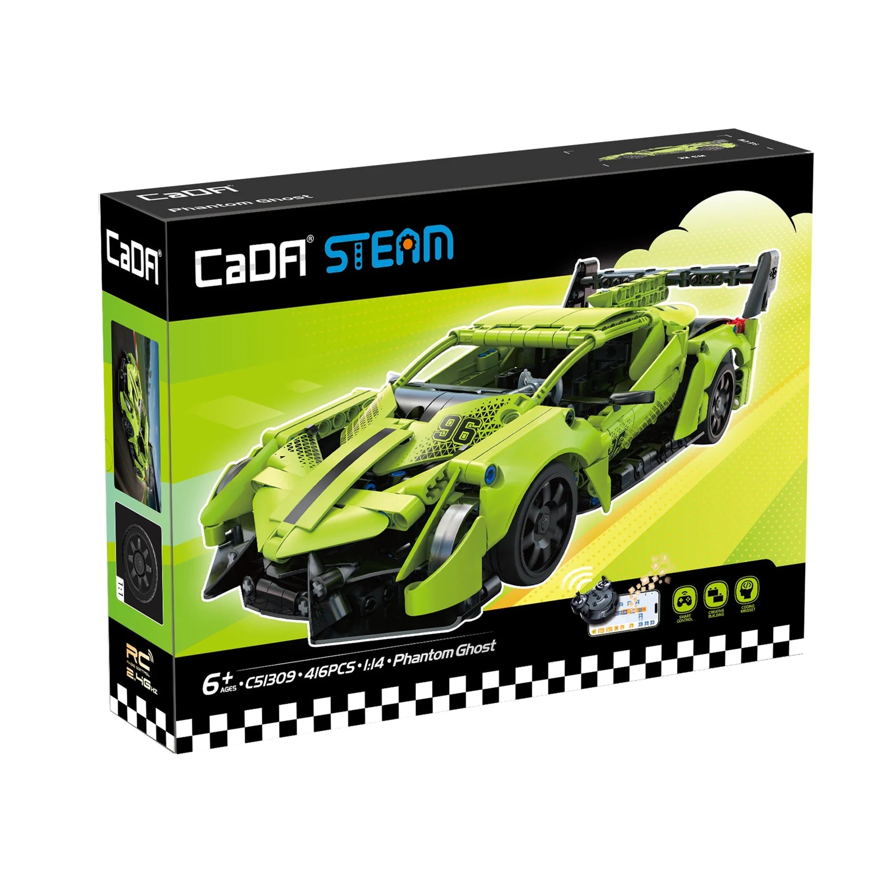 CaDA 1:14 Lamborghini Veneno Phantom Ghost Brick Model Kits packaging featuring a detailed green car design.