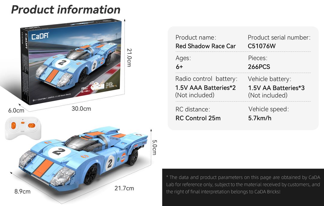 CaDA 1:20 Azure Storm Racing Car Dual Control RC Brick Model Kits, image 5