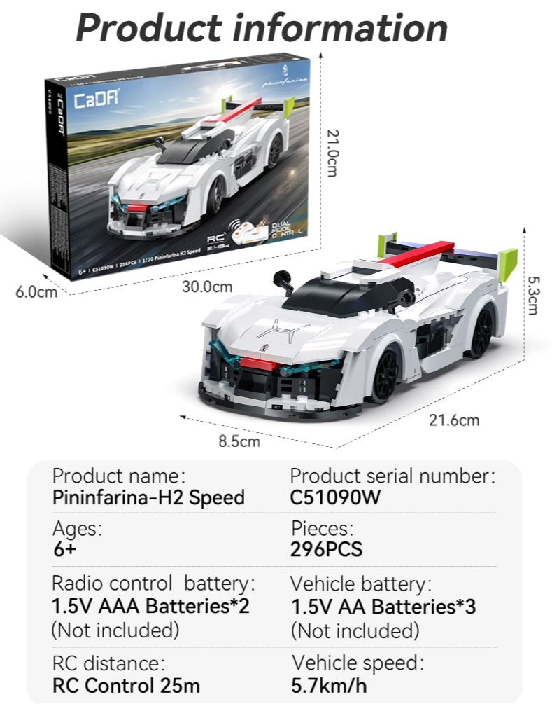 CaDA 1:20 Pininfarina H2 Speed Car Dual Control RC Brick Model Kits, image 8